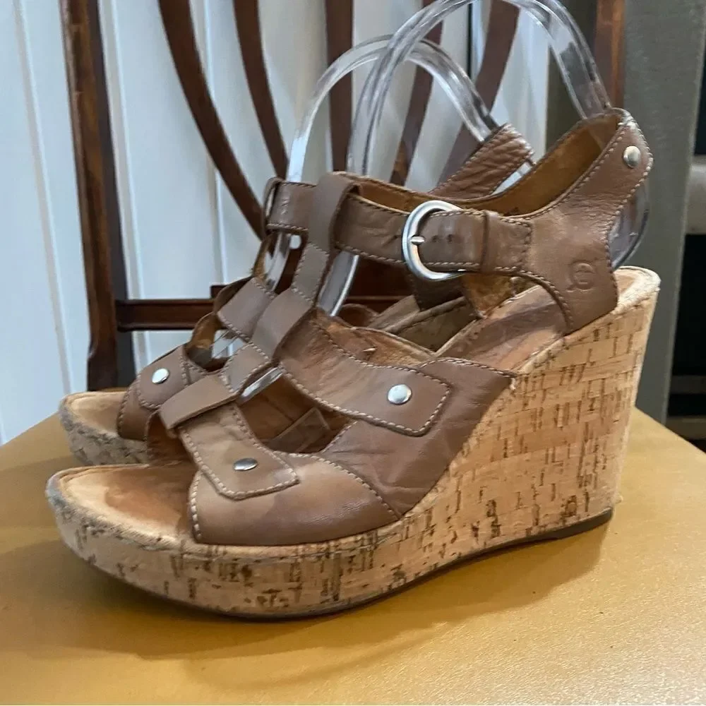 Born Shoes Brown Tan Strappy Cork Wedge Sandals